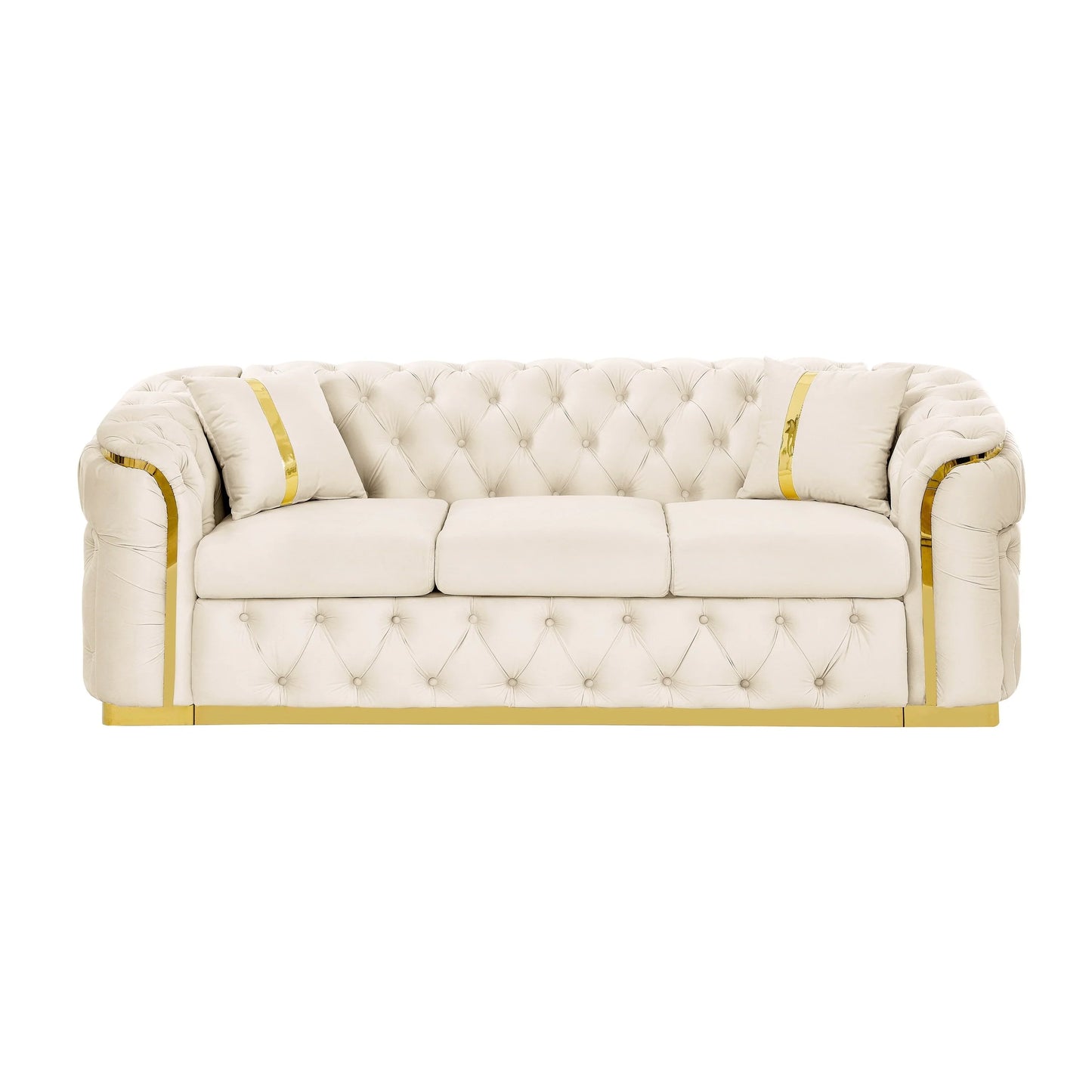 Canapé 3 places Velvet 90,6 po avec 2 oreillers, coussins haute densité, accents dorés et oreillers