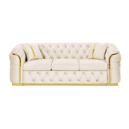 Canapé 3 places Velvet 90,6 po avec 2 oreillers, coussins haute densité, accents dorés et oreillers