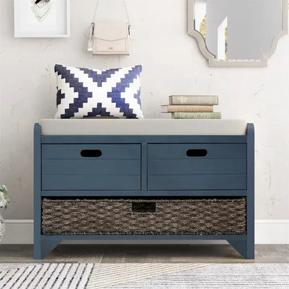Banc de rangement en bois avec 2 paniers tressés