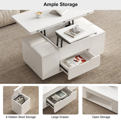 Table basse relevable pliable avec 4 tabourets et rangement