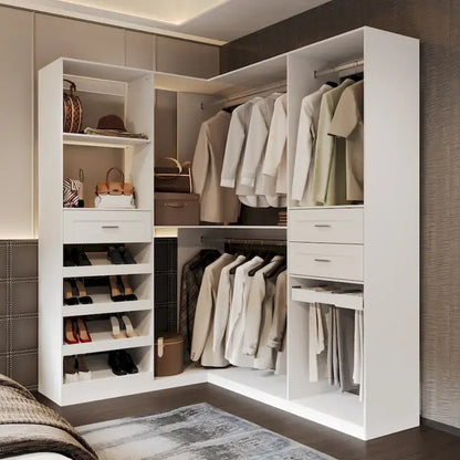 Armoire d'angle avec 2 tringles, un porte-pantalons et un rangement à chaussures