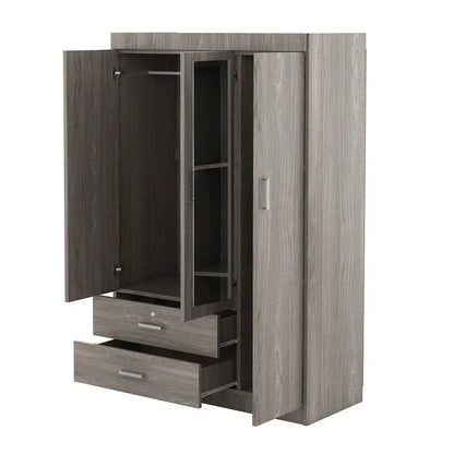 Armoire penderie 3 portes avec miroirs, étagères et 2 tiroirs