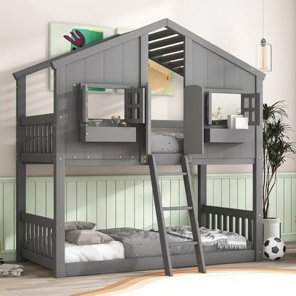 Lit superposé cabane jumeau sur jumeau avec toit, fenêtre, jardinière, porte, barrières de sécurité et échelle, gris