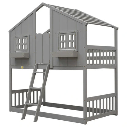 Lit superposé cabane jumeau sur jumeau avec toit, fenêtre, jardinière, porte, barrières de sécurité et échelle, gris