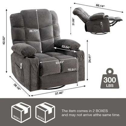 Fauteuil inclinable gris surdimensionné avec fonctions de chauffage et de massage, inclinaison à 150°, bascule à 30°, port USB pour la recharge et 2 porte-gobelets