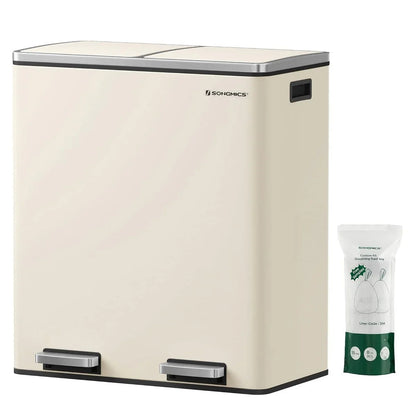 SONGMICS Poubelle double, 60L, en acier inoxydable, amande
