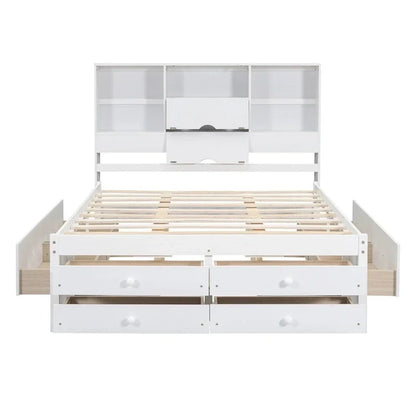 Lit plateforme King Size avec tête de lit de rangement et 8 tiroirs