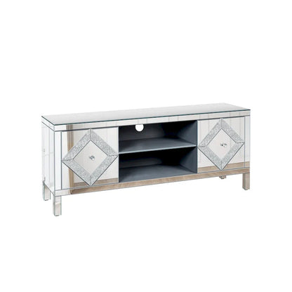 Meuble TV de 150 cm avec portes miroir en losange et rangement pour téléviseurs jusqu'à 65 pouces