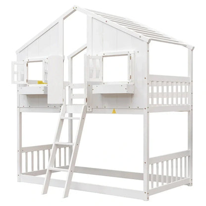 Lit superposé cabane jumeau sur jumeau avec toit, fenêtre, jardinière, porte, barrières de sécurité et échelle, gris