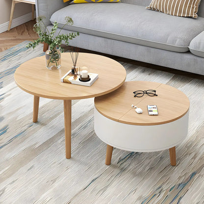 Table basse ronde moderne en bois noir et blanc avec rangement