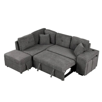 Canapé d'angle convertible avec pouf de rangement, canapé-lit pour salon
