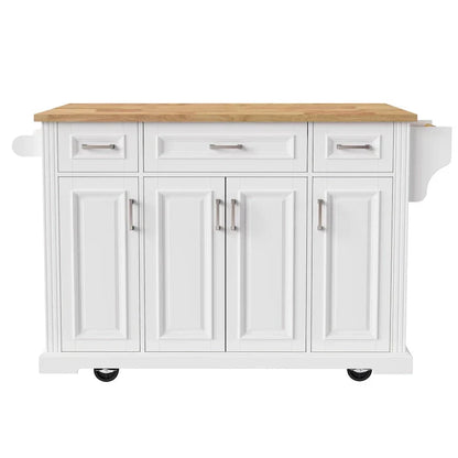 Grand îlot de cuisine avec rabat en bois, desserte de cuisine roulante texturée en relief avec portes et tiroirs avec rangement pour la cuisine, blanc