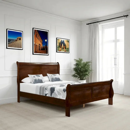 Lit traîneau Queen traditionnel, cadre en bois, finition cerisier brun riche