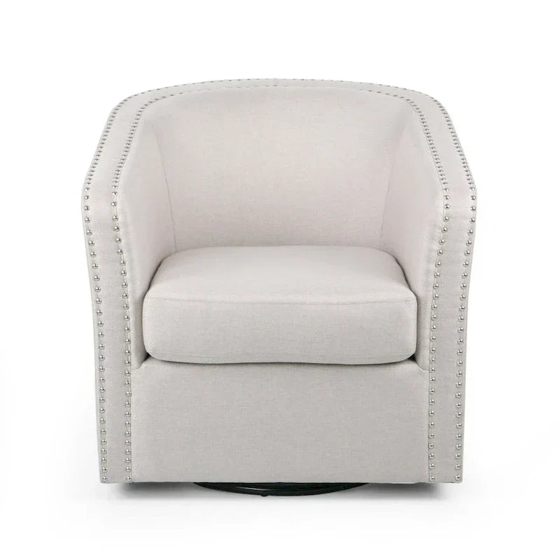 Fauteuil pivotant, style baril rond classique, tissu beige blé