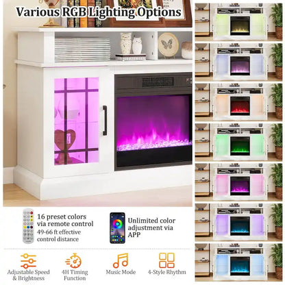 Meuble TV avec cheminée électrique, lumières LED et télécommandes