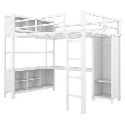Lit mezzanine en métal blanc cassé avec bureau et armoire - Grand lit