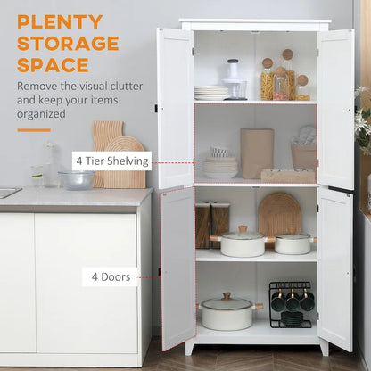 HOMCOM Grand garde-manger de cuisine autoportant de 183 cm, organisateur de rangement à 4 portes avec 4 niveaux et étagères réglables, blanc