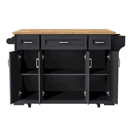 54 Grand îlot de cuisine avec plateau rabattable en bois d'hévéa, chariot de cuisine roulant à texture gaufrée sur 4 roues avec 4 portes et 3 tiroirs