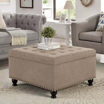 Grand pouf de rangement carré avec pieds en bois