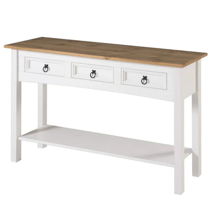 Console de couloir rustique en pin massif, blanc cérusé / marron antique / gris cérusé / non peinte, 3 tiroirs