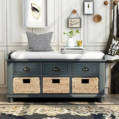 Banc de rangement rustique avec 3 tiroirs et 3 paniers en rotin, banc à chaussures pour salon, entrée