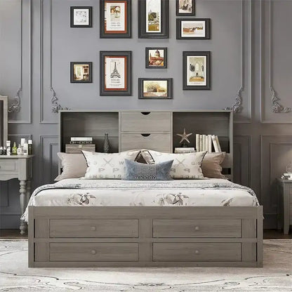 Lit plateforme King Size avec tête de lit de rangement et 8 tiroirs