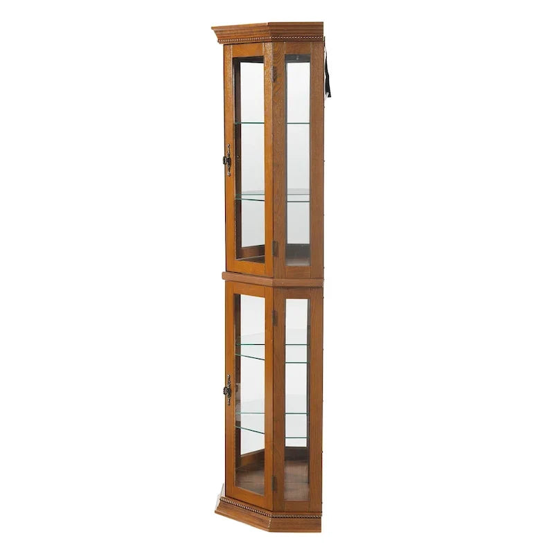 Vitrine d'angle avec éclairage, étagères réglables en verre trempé, fond miroir, meuble vitrine