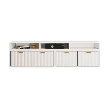 Meuble TV d'angle moderne blanc avec 2 tiroirs et rangement ouvert