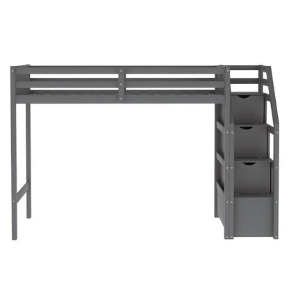Lit mezzanine double sur lit double en bois avec escalier, balustrades hautes et échelle