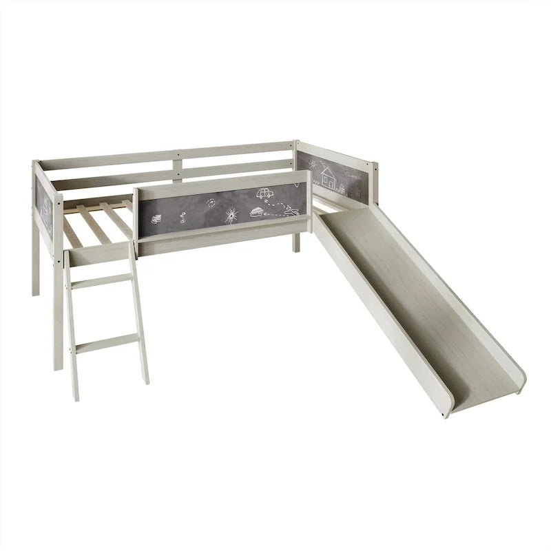 Lit mezzanine bas classique double CraftPorch avec tableau noir, toboggan et échelle