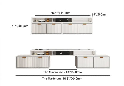 Meuble TV d'angle moderne blanc avec 2 tiroirs et rangement ouvert