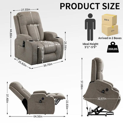 Fauteuil inclinable releveur électrique, fauteuil de massage moderne à moteur unique avec chauffage lombaire, port de chargement USB, porte-gobelets