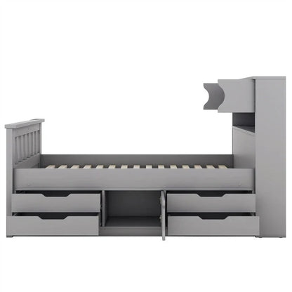 Lit plateforme capitaine double/grand avec 4 tiroirs et étagères de rangement, cadre de lit en bois massif avec tête de lit bibliothèque de rangement