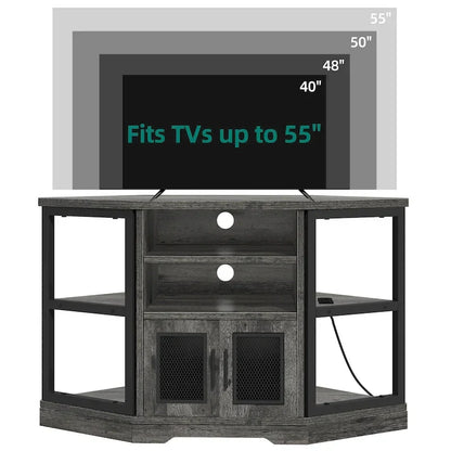 Meuble TV d'angle de ferme, meuble multimédia avec prise de courant pour téléviseurs jusqu'à 55 pouces