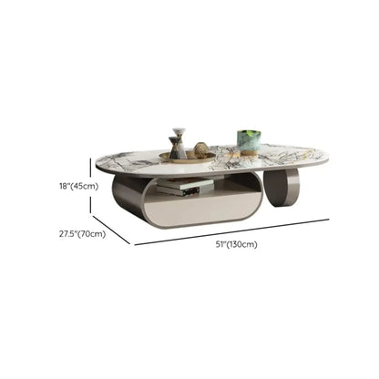 Table basse ovale contemporaine unique avec plateau en marbre et tiroir