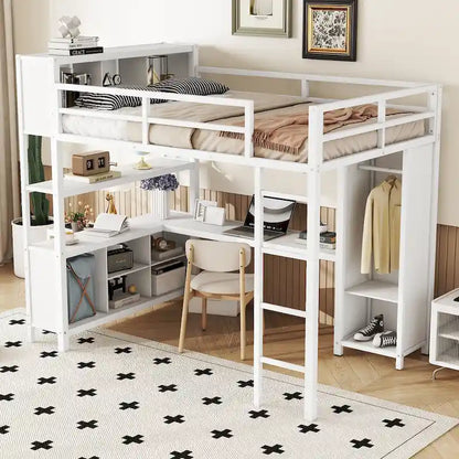 Lit mezzanine en métal blanc cassé avec bureau et armoire - Grand lit