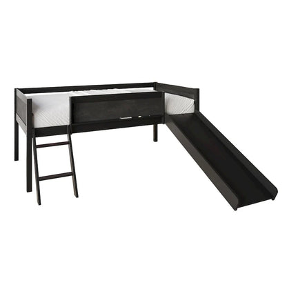 Lit mezzanine bas classique double CraftPorch avec tableau noir, toboggan et échelle