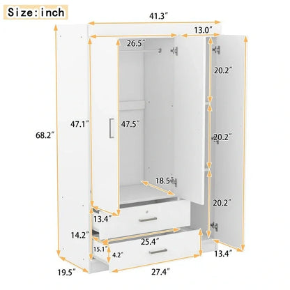 Armoire penderie 3 portes avec miroirs, étagères et 2 tiroirs