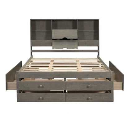 Lit plateforme King Size avec tête de lit de rangement et 8 tiroirs