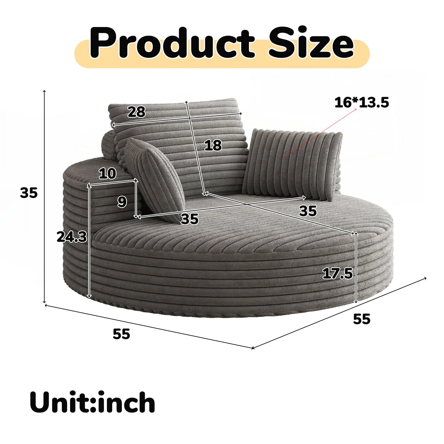 Fauteuil pivotant simple en velours côtelé et chenille avec rembourrage en mousse