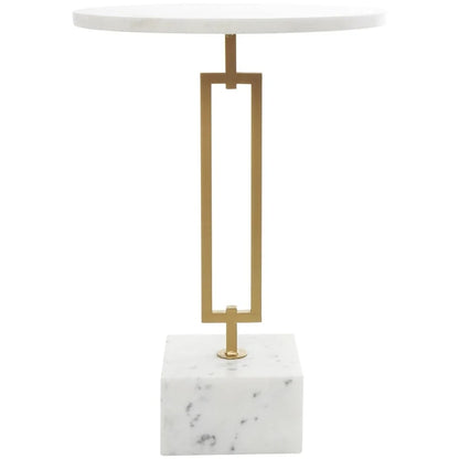 Table d'appoint géométrique en marbre avec support rectangulaire en métal doré - Blanc