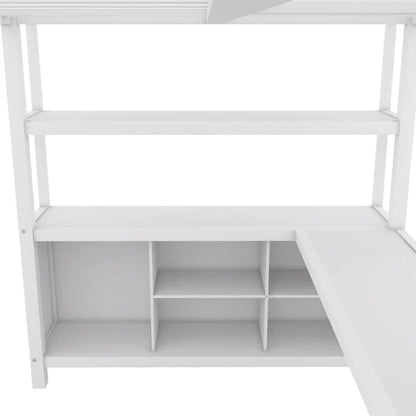 Lit mezzanine en métal blanc cassé avec bureau et armoire - Grand lit