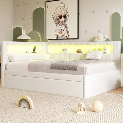 Lit plateforme rembourré avec ports USB et éclairage LED - Cadre de lit double/simple avec 2 tiroirs de rangement - Chambre à coucher moderne