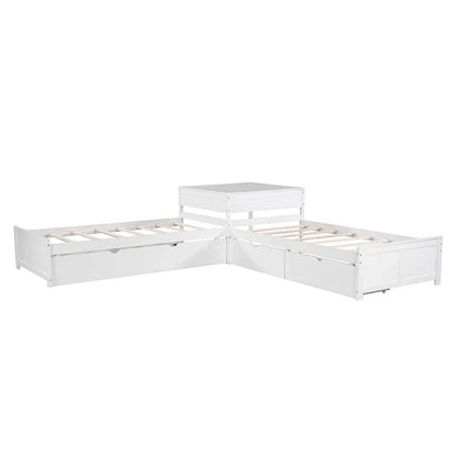 Lit plateforme en L moderne blanc de taille double avec lit gigogne et tiroirs pour chambre à coucher