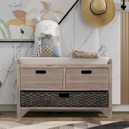 Banc de rangement en bois avec 2 paniers tressés