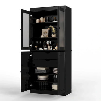 Meuble de rangement en bois massif avec portes en verre dépoli, portes pleines, 2 tiroirs et étagères réglables
