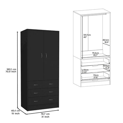19 Armoire moderne à deux portes avec 3 tiroirs et 1 tringle de penderie pour chambre à coucher